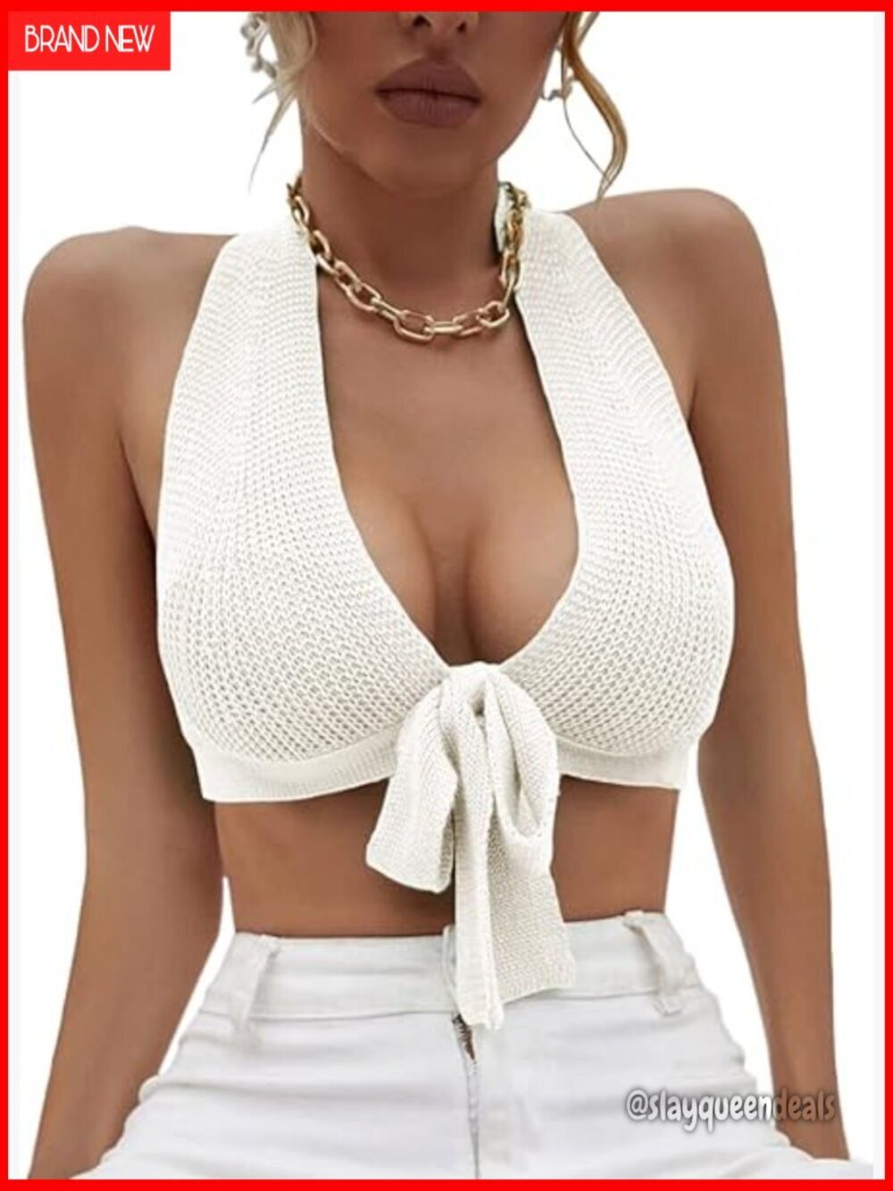 Ribbed Knit Crop Top Deep V Neck Backless Halter Bow Knot Tank